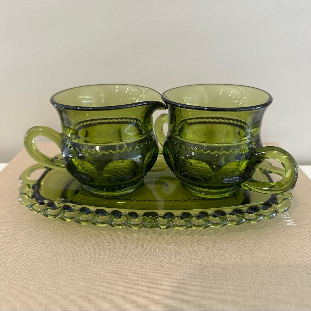 Vintage Indiana Glass Kings Green Glass Cream & Sugar Set